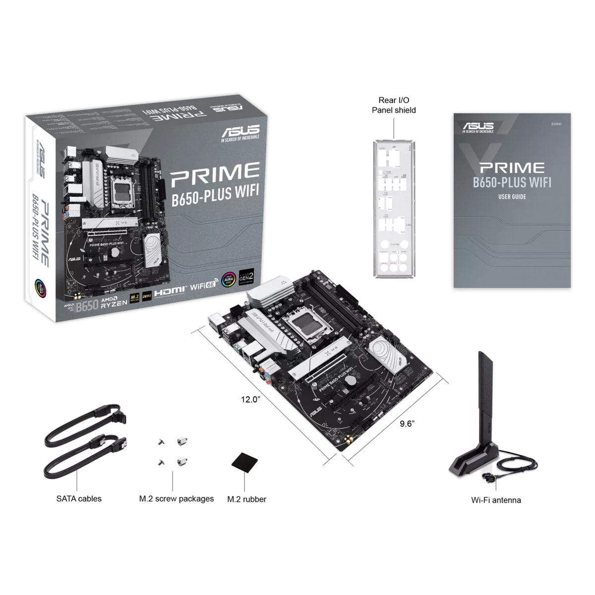 ASUS PRIME B650-PLUS WIFI — contenu de la boîte sur fond blanc carré — réf. 90MB1KP0-M0EAY0
