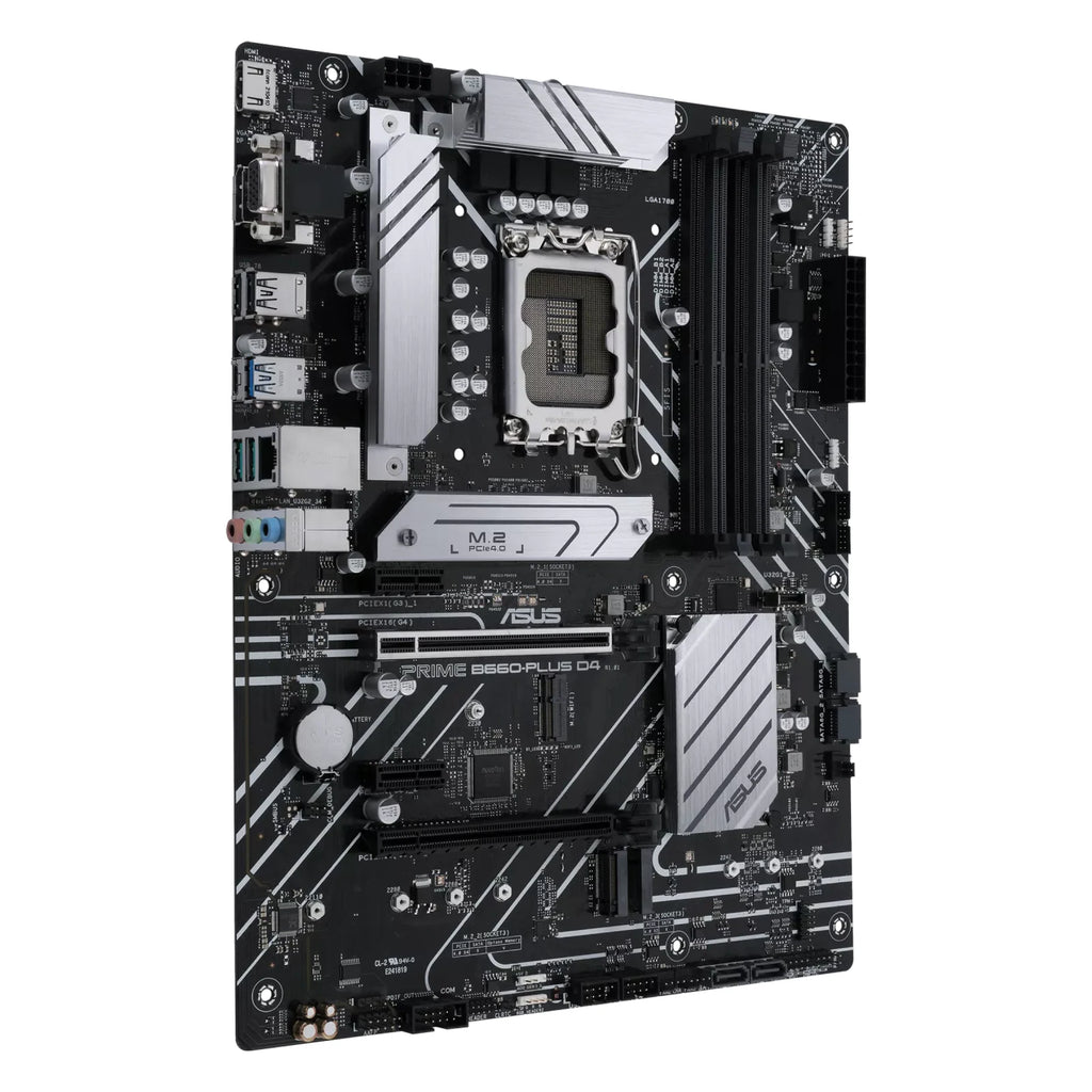 ASUS PRIME B660-PLUS D4 — vue en perspective à 45 degrés sur fond blanc carré — réf. 90MB18X0-M1EAY0