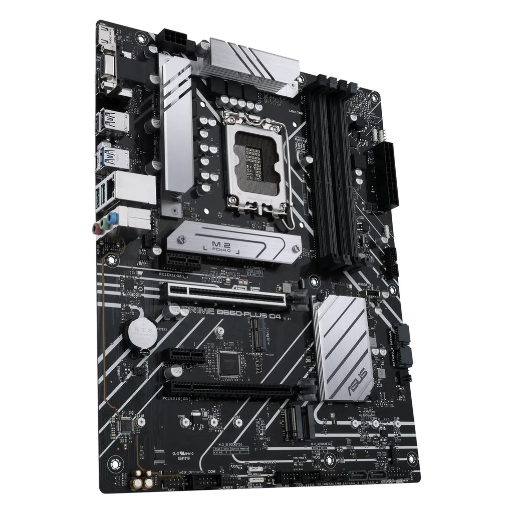 ASUS PRIME B660-PLUS D4 — vue en perspective à 45 degrés sur fond blanc carré — réf. 90MB18X0-M1EAY0