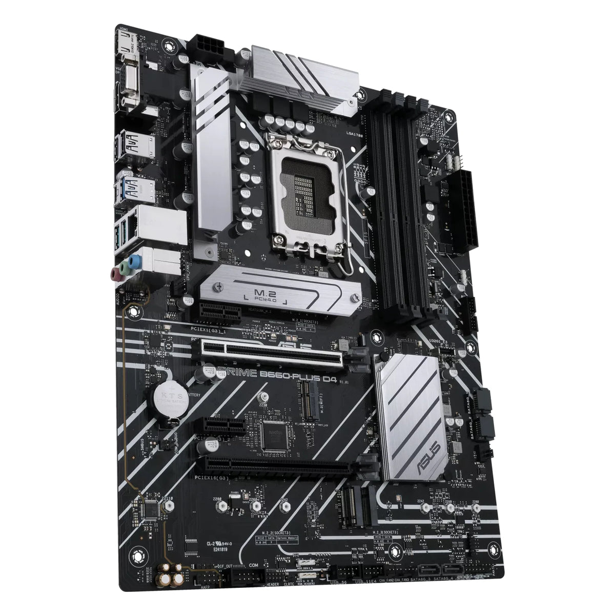 ASUS PRIME B660-PLUS D4 — vue en perspective à 45 degrés sur fond blanc carré — réf. 90MB18X0-M1EAY0