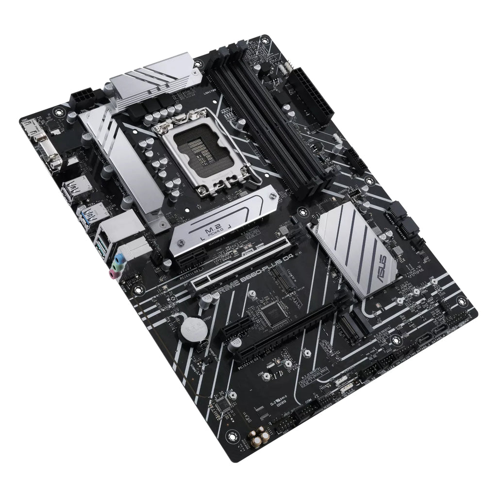ASUS PRIME B660-PLUS D4 — vue en perspective à 45 degrés sur fond blanc carré — réf. 90MB18X0-M1EAY0