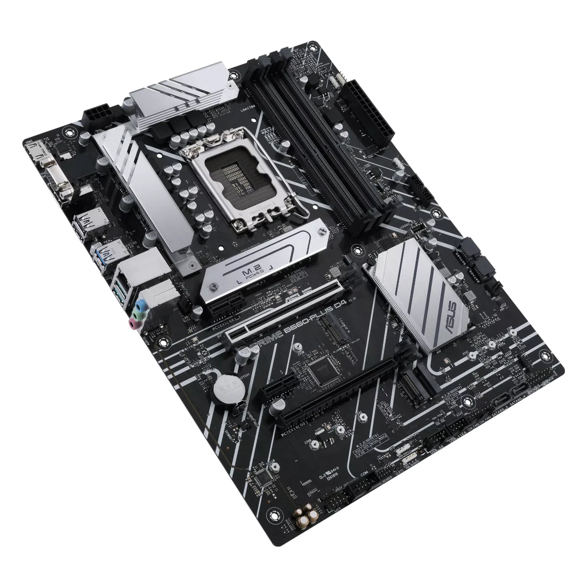 ASUS PRIME B660-PLUS D4 — vue en perspective à 45 degrés sur fond blanc carré — réf. 90MB18X0-M1EAY0
