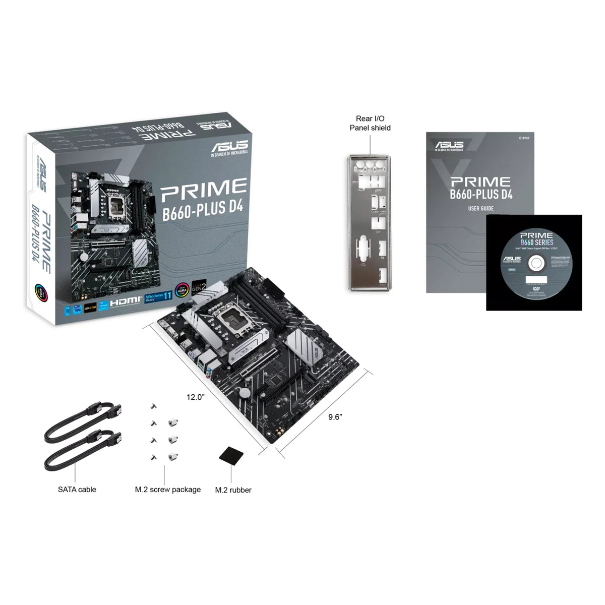ASUS PRIME B660-PLUS D4 — contenu de la boîte sur fond blanc carré — réf. 90MB18X0-M1EAY0