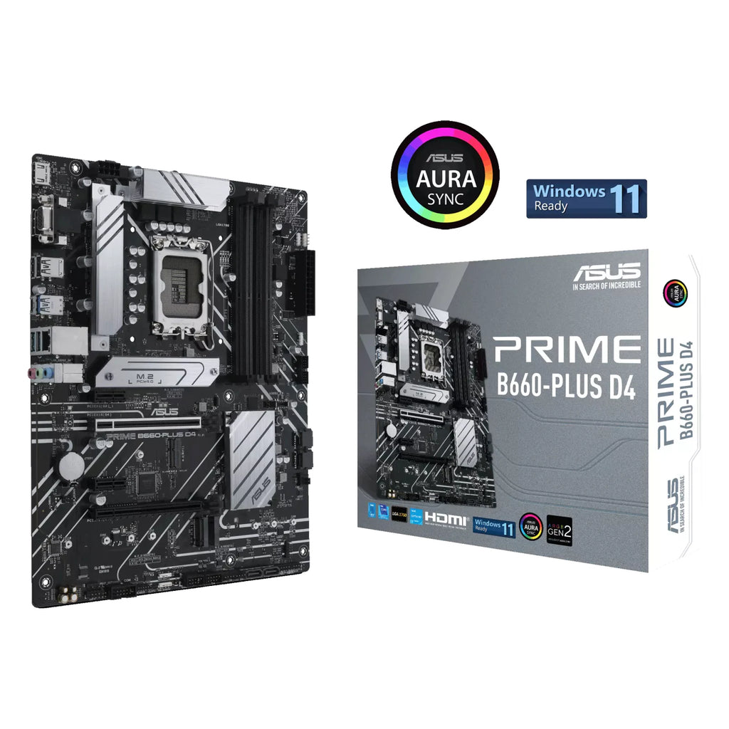 ASUS PRIME B660-PLUS D4 — vue en perspective à 45 degrés sur fond blanc carré — réf. 90MB18X0-M1EAY0