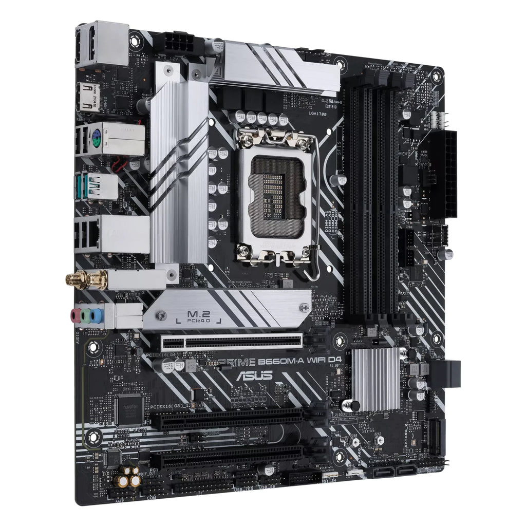 ASUS PRIME B660M-A WIFI D4 — vue en perspective à 45 degrés sur fond blanc carré — réf. 90MB1AE0-M1EAY0