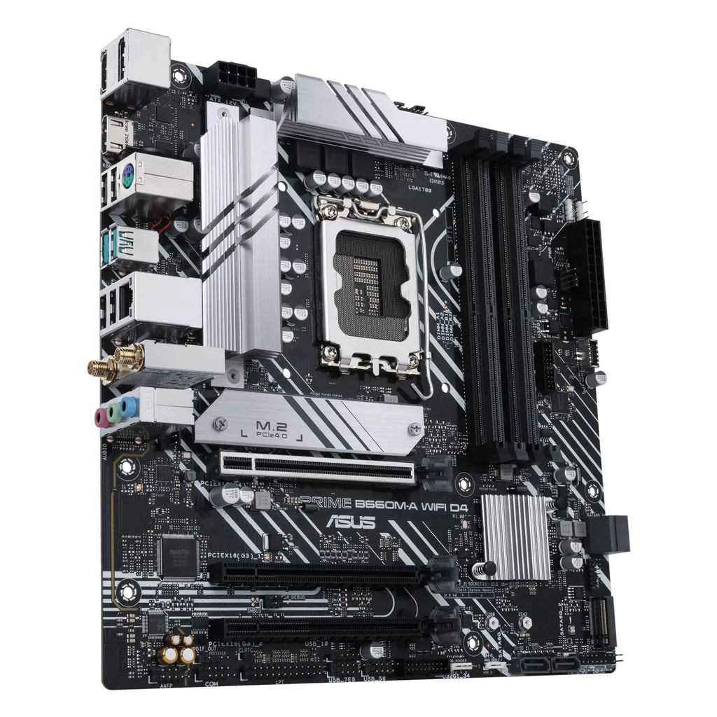 ASUS PRIME B660M-A WIFI D4 — vue en perspective à 45 degrés sur fond blanc carré — réf. 90MB1AE0-M1EAY0