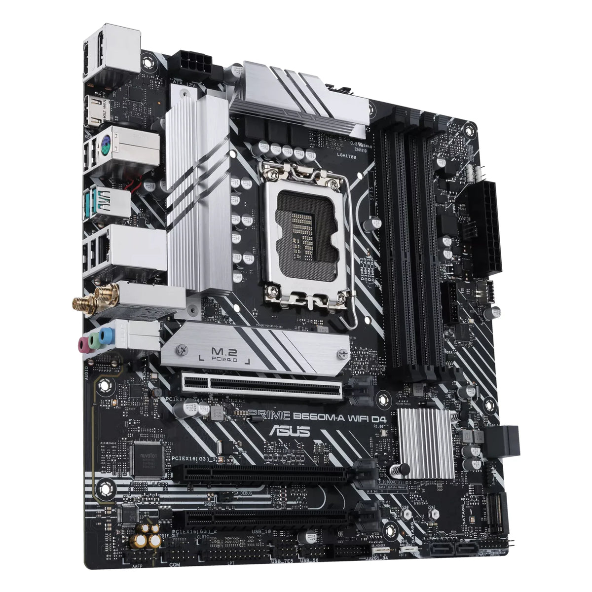 ASUS PRIME B660M-A WIFI D4 — vue en perspective à 45 degrés sur fond blanc carré — réf. 90MB1AE0-M1EAY0