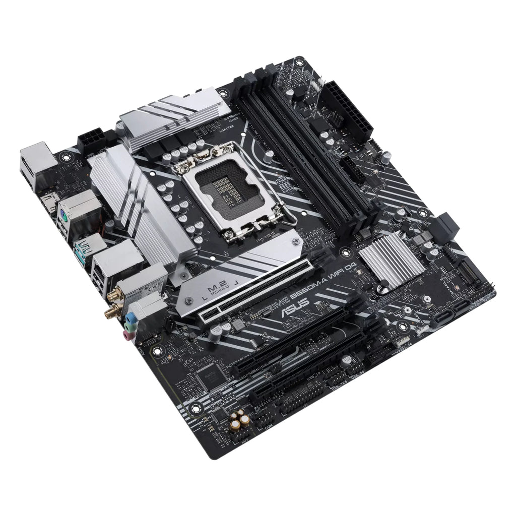 ASUS PRIME B660M-A WIFI D4 — vue en perspective à 45 degrés sur fond blanc carré — réf. 90MB1AE0-M1EAY0