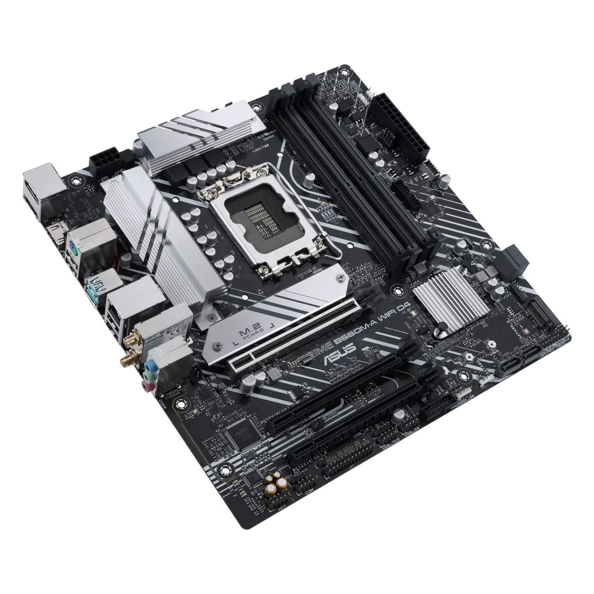 ASUS PRIME B660M-A WIFI D4 — vue en perspective à 45 degrés sur fond blanc carré — réf. 90MB1AE0-M1EAY0