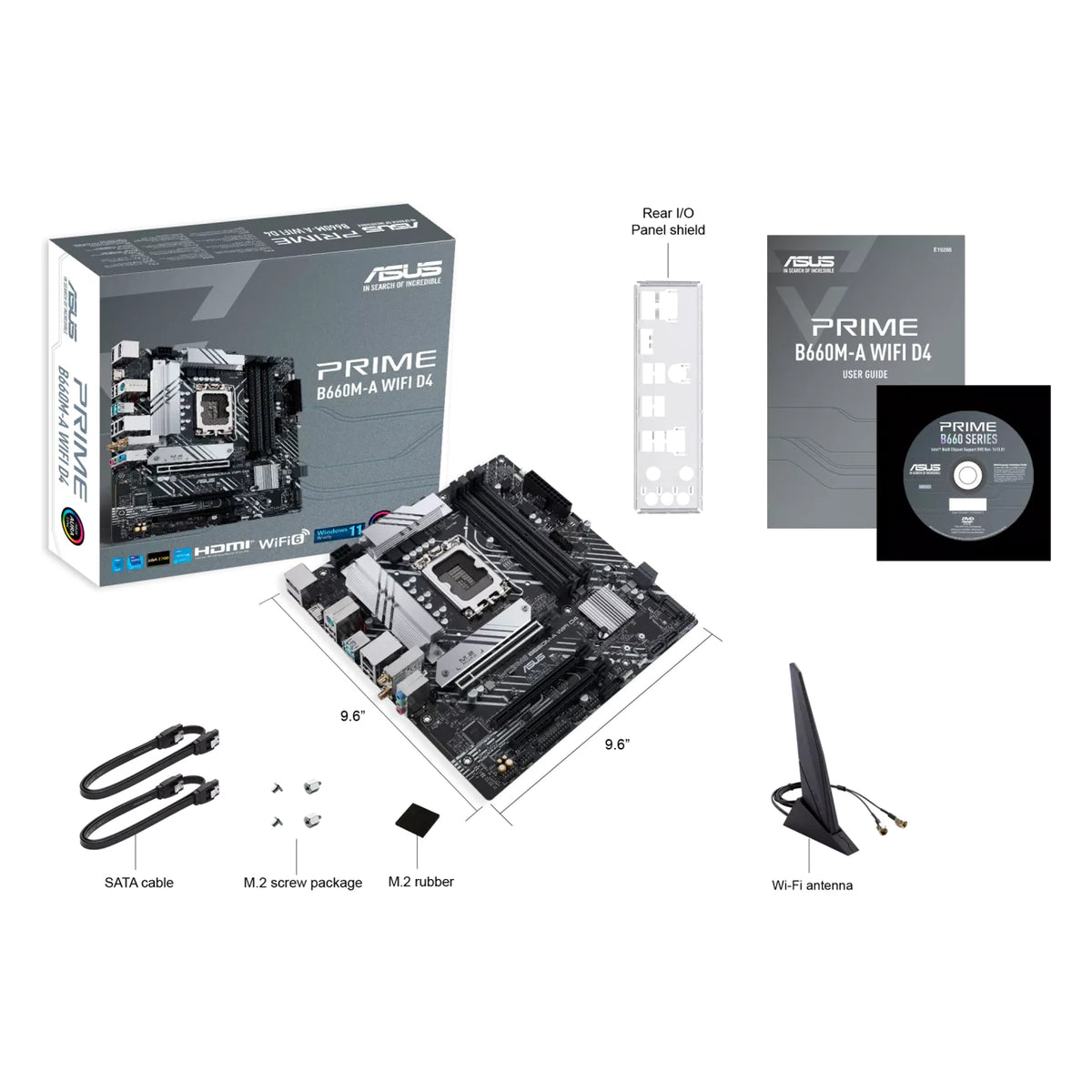 ASUS PRIME B660M-A WIFI D4 — contenu de la boîte sur fond blanc carré — réf. 90MB1AE0-M1EAY0