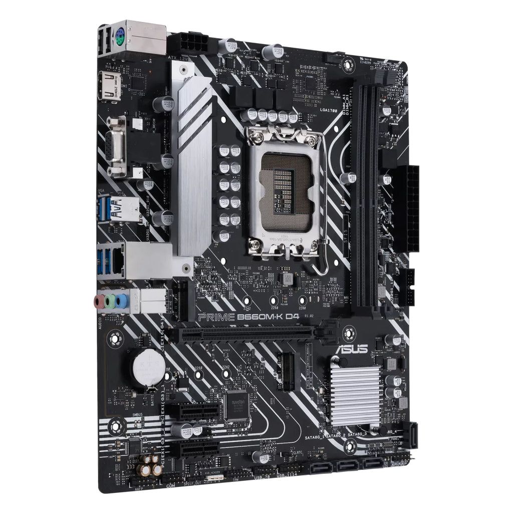 ASUS PRIME B660M-K D4 — vue en perspective à 45 degrés sur fond blanc carré — réf. 90MB1950-M1EAY0