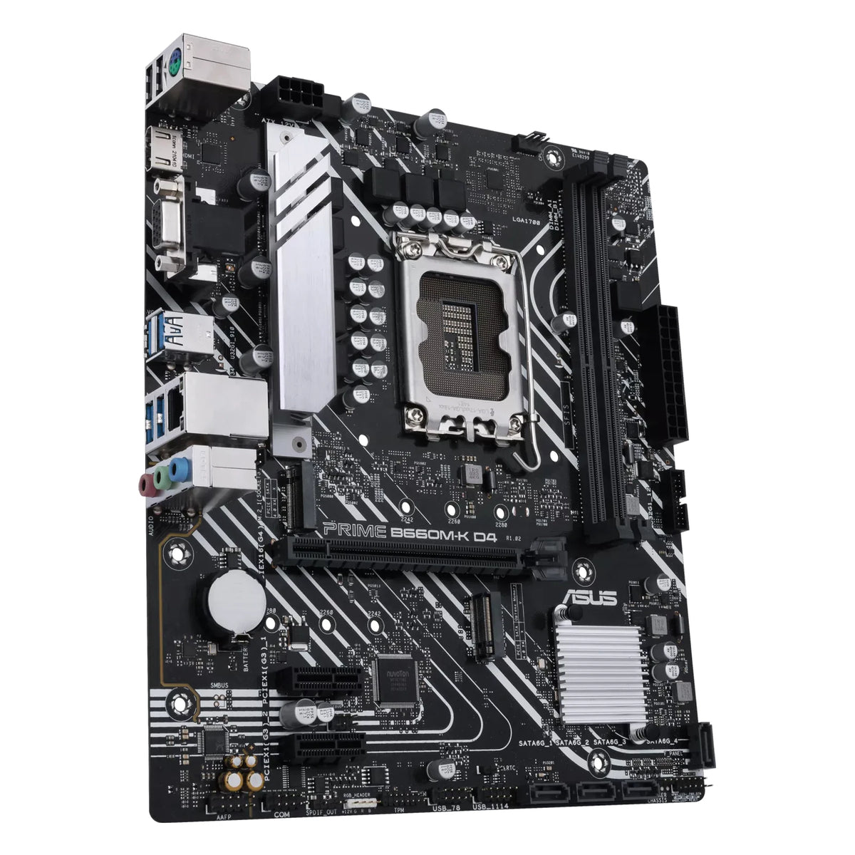 ASUS PRIME B660M-K D4 — vue en perspective à 45 degrés sur fond blanc carré — réf. 90MB1950-M1EAY0