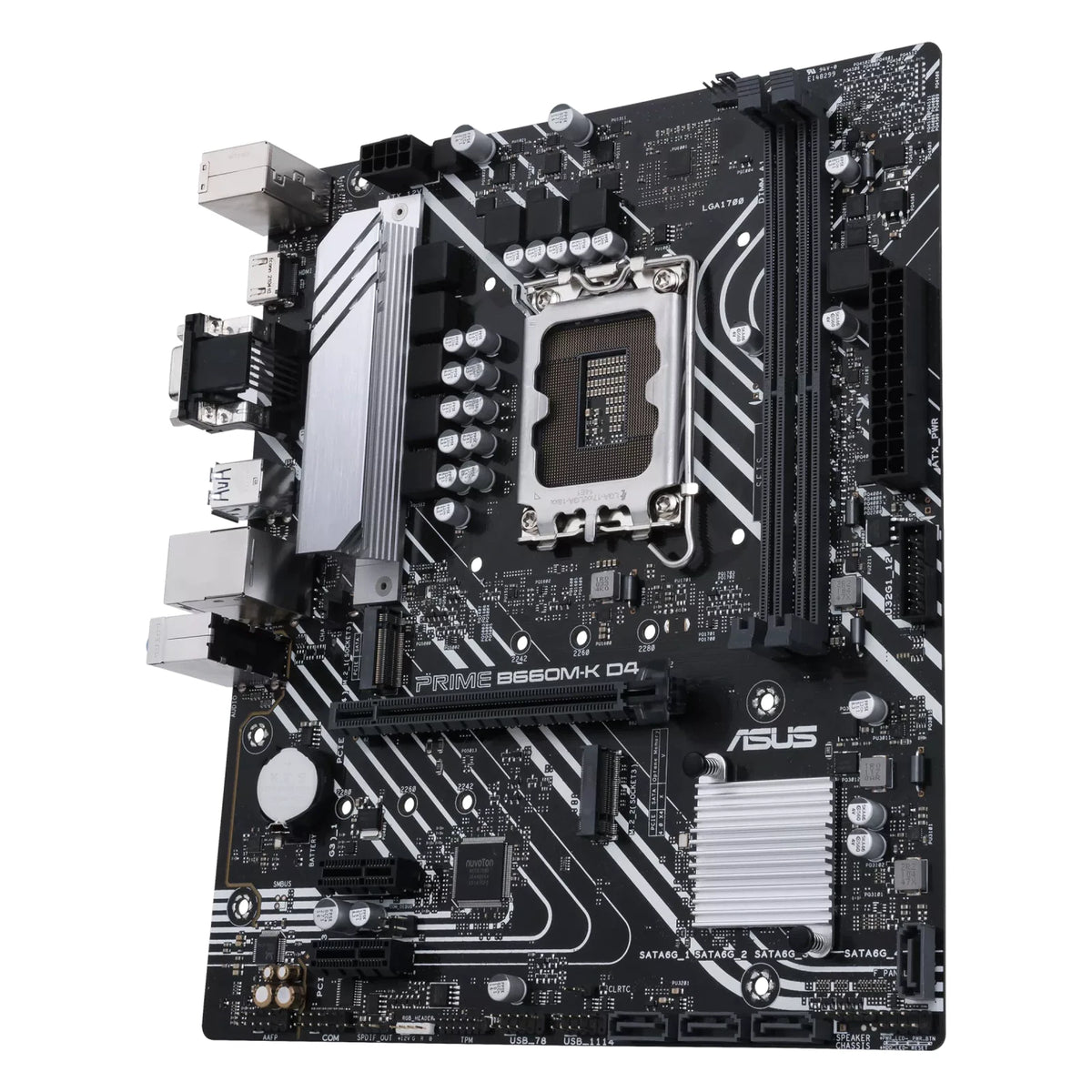 ASUS PRIME B660M-K D4 — vue en perspective à 45 degrés sur fond blanc carré — réf. 90MB1950-M1EAY0
