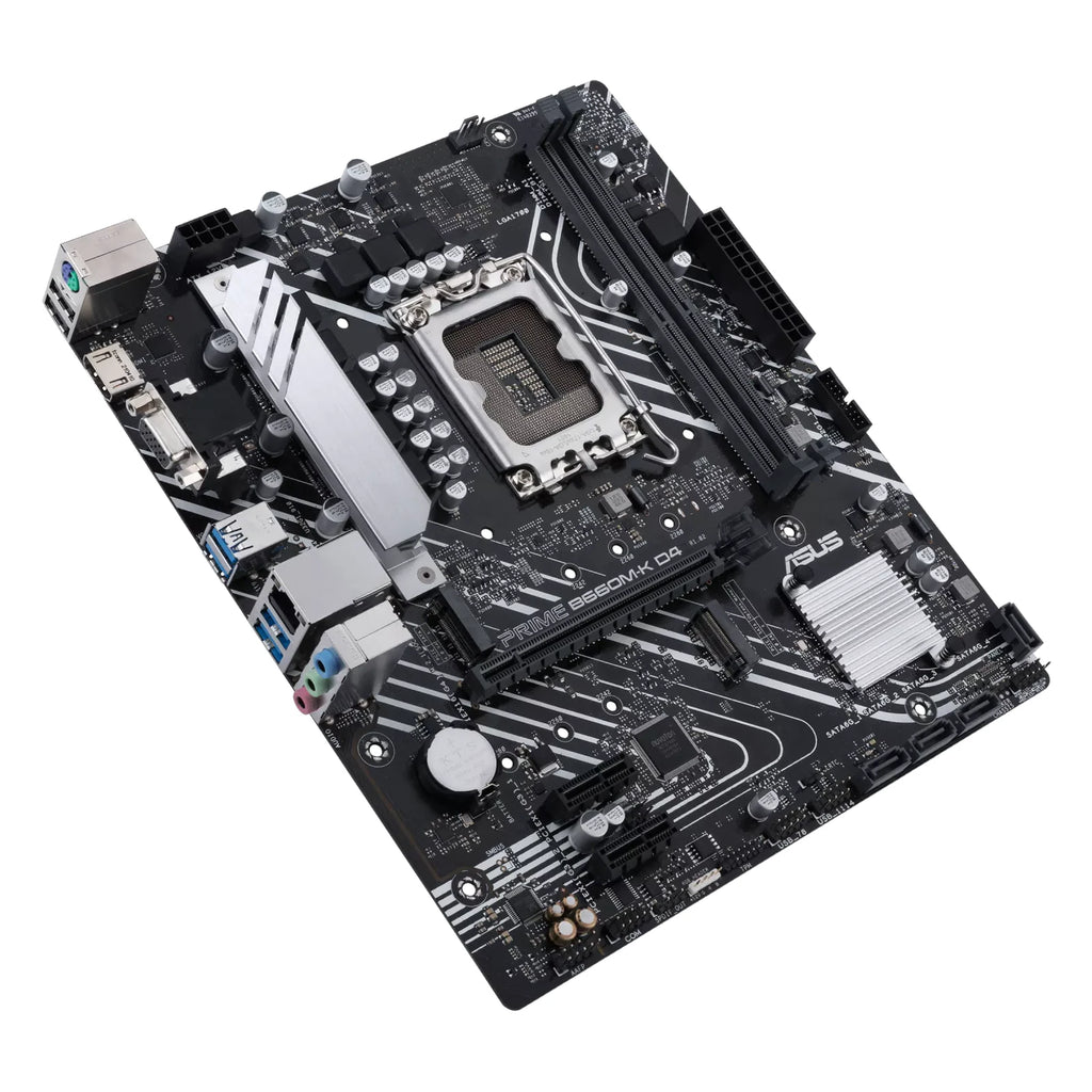 ASUS PRIME B660M-K D4 — vue en perspective à 45 degrés sur fond blanc carré — réf. 90MB1950-M1EAY0