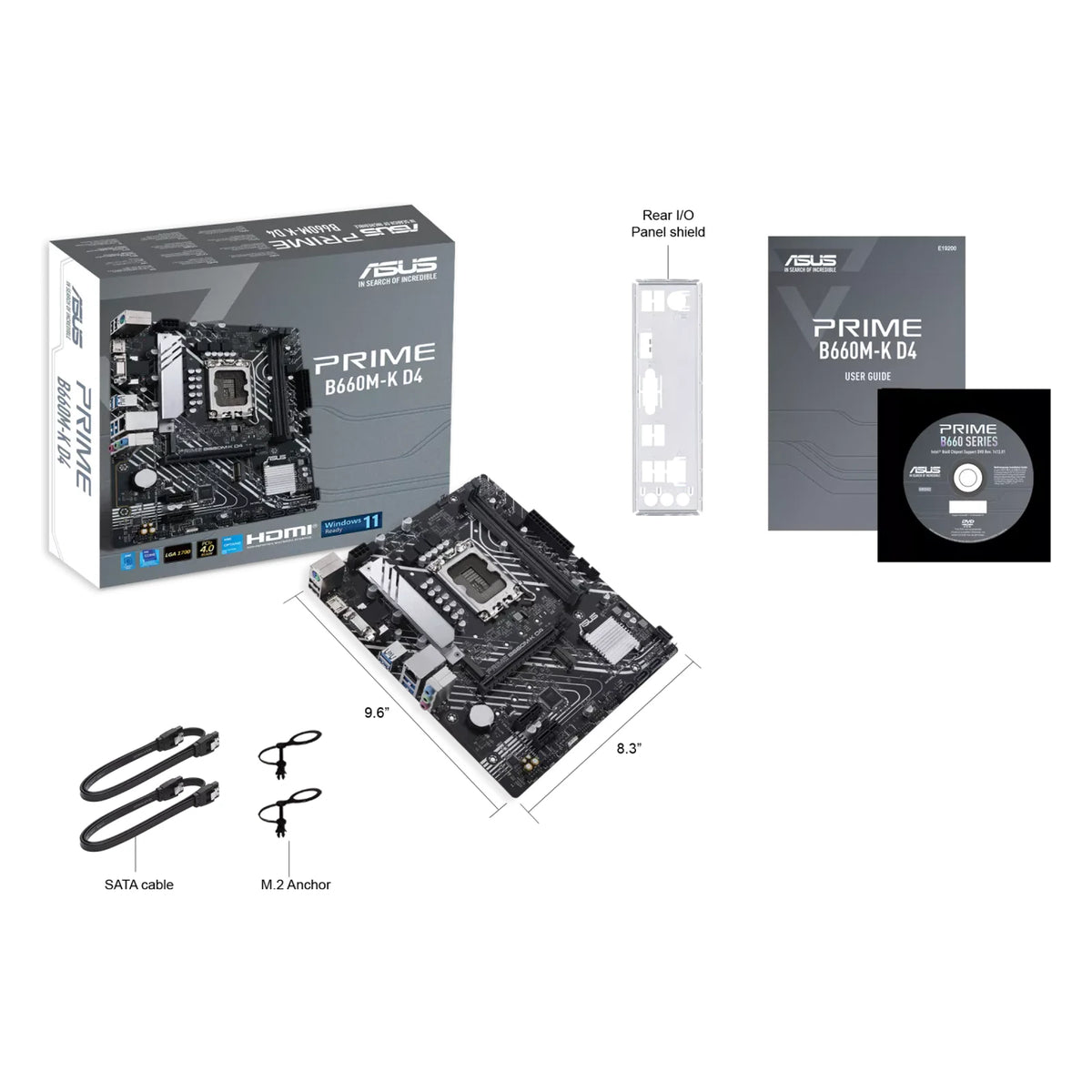 ASUS PRIME B660M-K D4 — contenu de la boîte sur fond blanc carré — réf. 90MB1950-M1EAY0