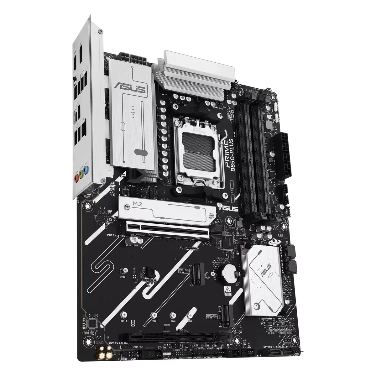 ASUS PRIME B850-PLUS-CSM — vue en perspective à 60 degrés sur fond blanc carré — réf. 90MB1LC0-M0EAYC