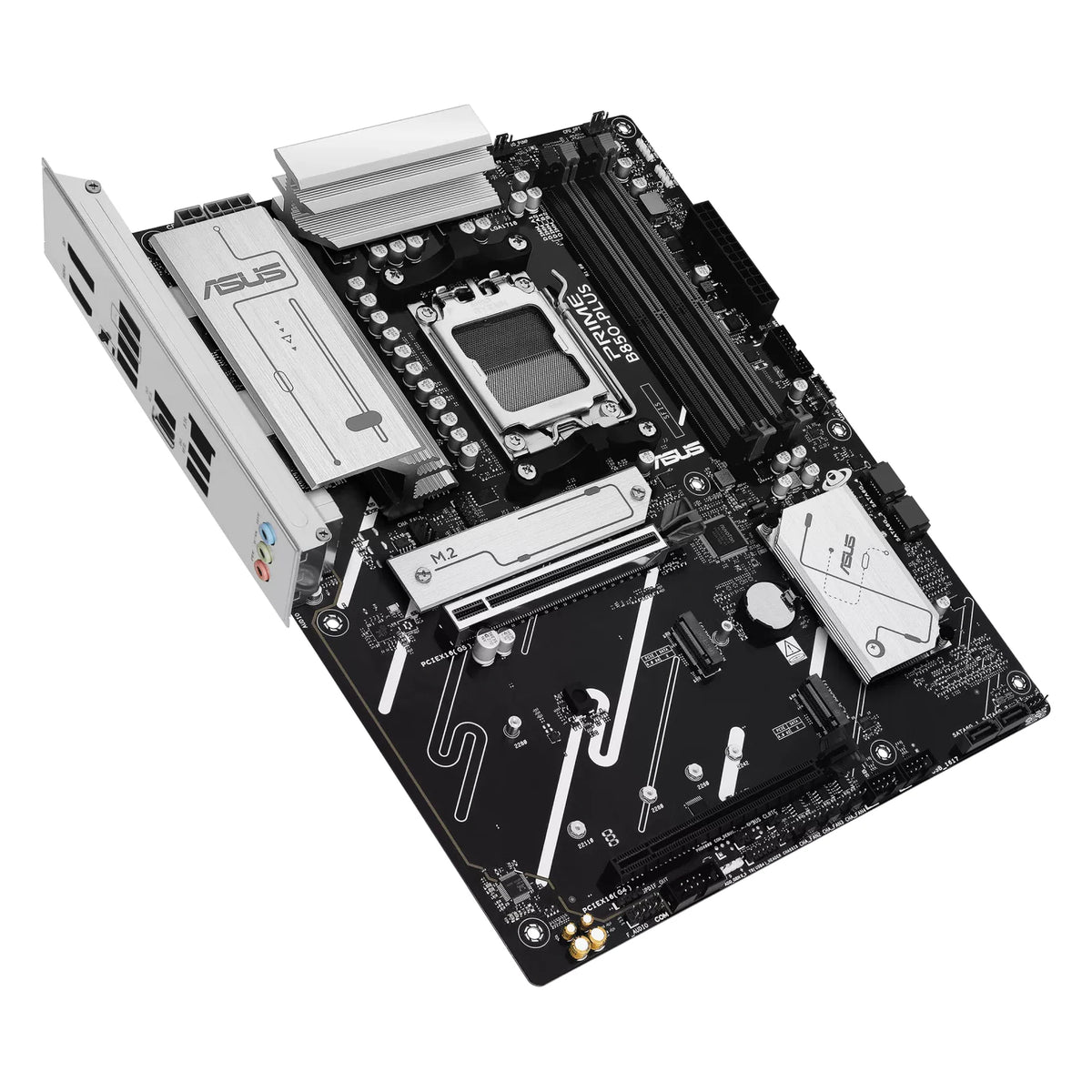 ASUS PRIME B850-PLUS-CSM — vue en perspective à 45 degrés sur fond blanc carré — réf. 90MB1LC0-M0EAYC