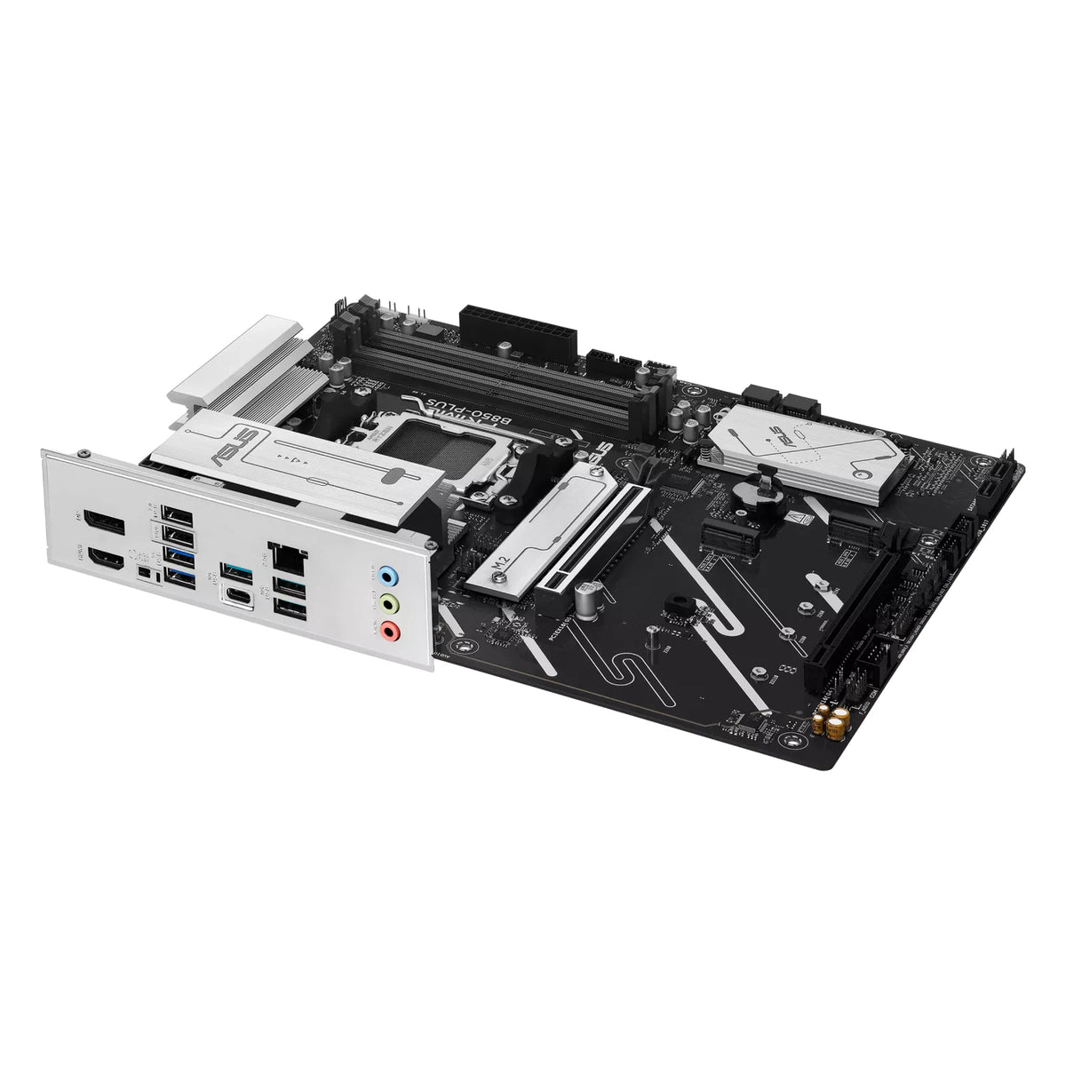 ASUS PRIME B850-PLUS-CSM — connectique arrière sur fond blanc carré — réf. 90MB1LC0-M0EAYC