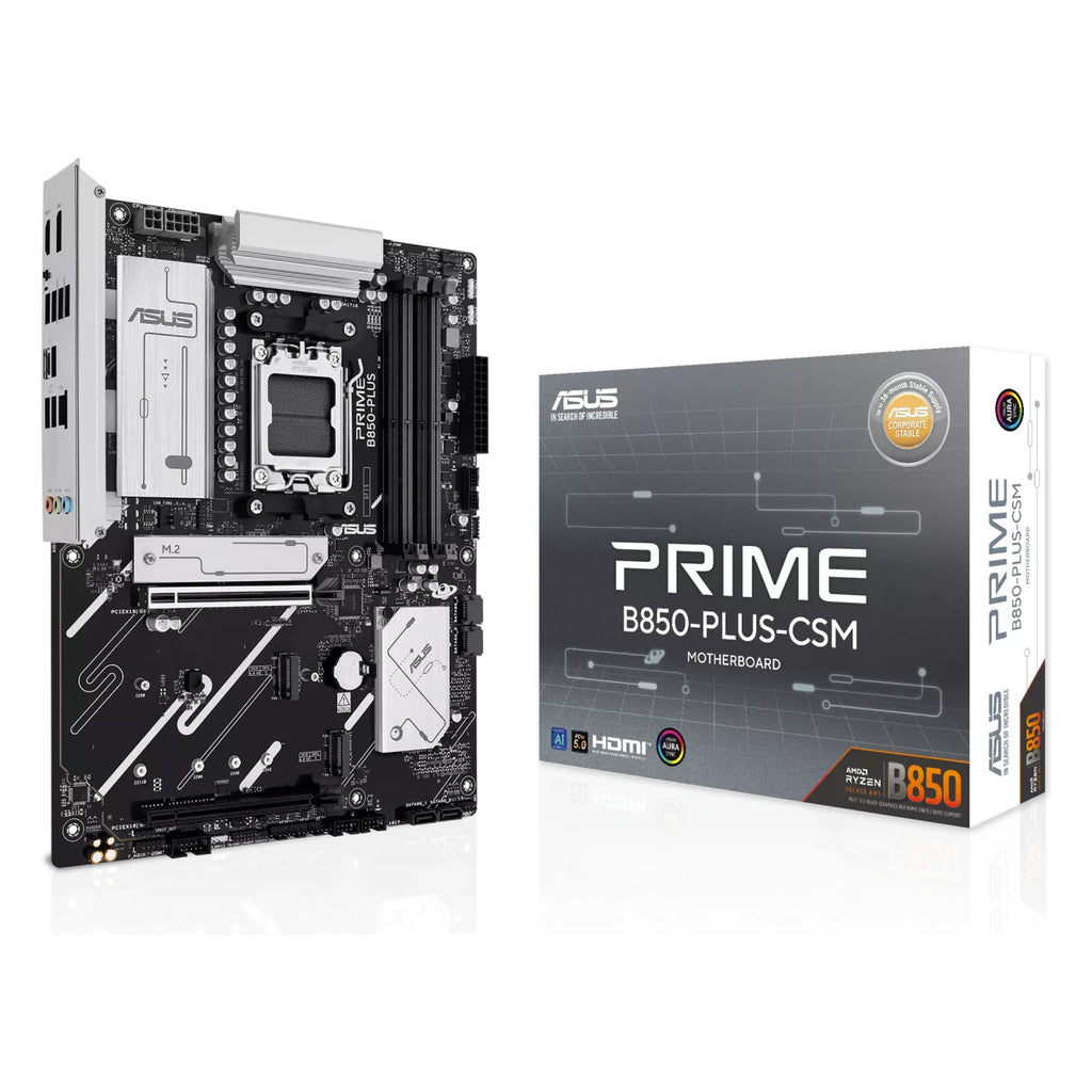 ASUS PRIME B850-PLUS-CSM — vue avec emballage sur fond blanc carré — réf. 90MB1LC0-M0EAYC