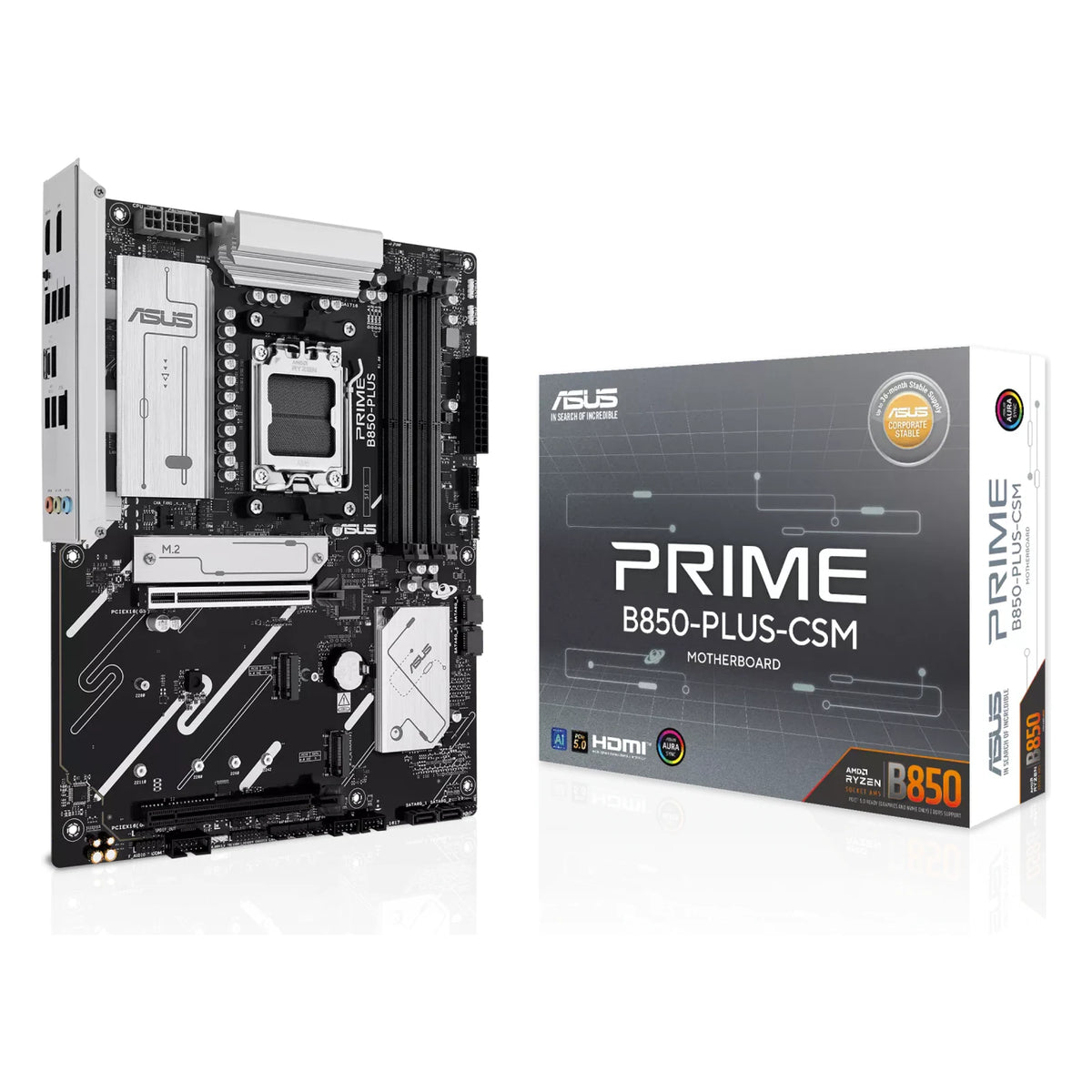 ASUS PRIME B850-PLUS-CSM — vue avec emballage sur fond blanc carré — réf. 90MB1LC0-M0EAYC