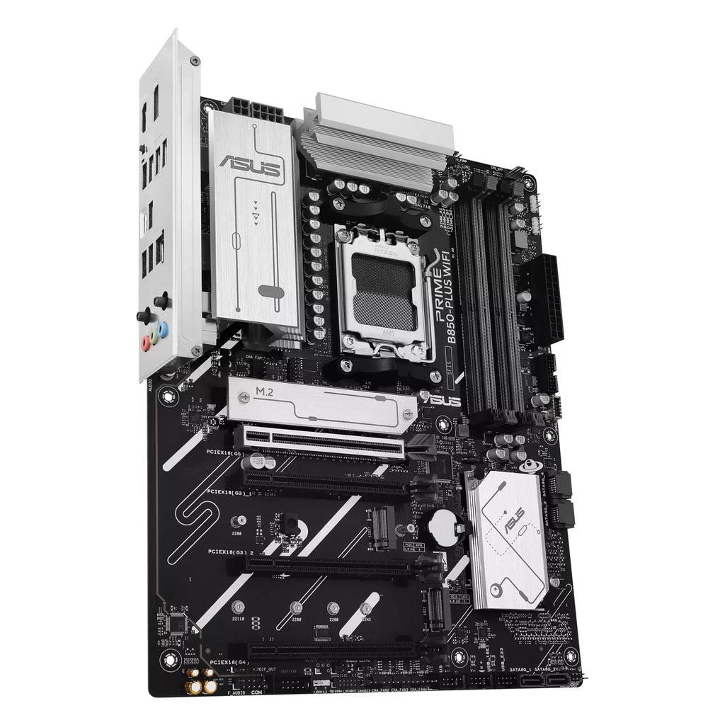 ASUS PRIME B850-PLUS WIFI — vue en perspective à 60 degrés sur fond blanc carré — réf. 90MB1L80-M0EAY0