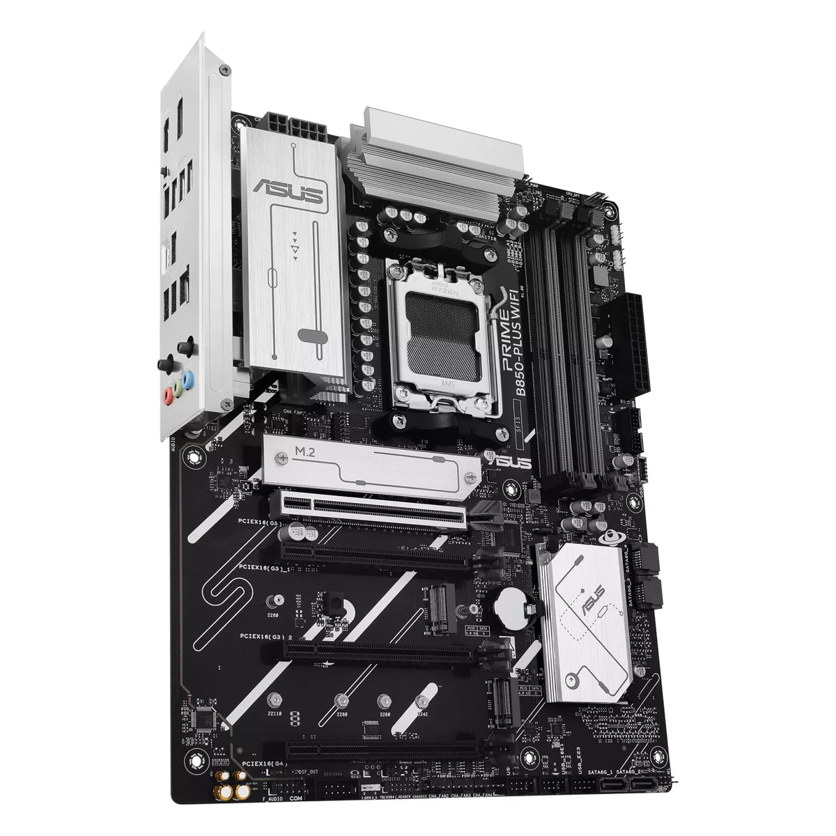 ASUS PRIME B850-PLUS WIFI — vue en perspective à 60 degrés sur fond blanc carré — réf. 90MB1L80-M0EAY0