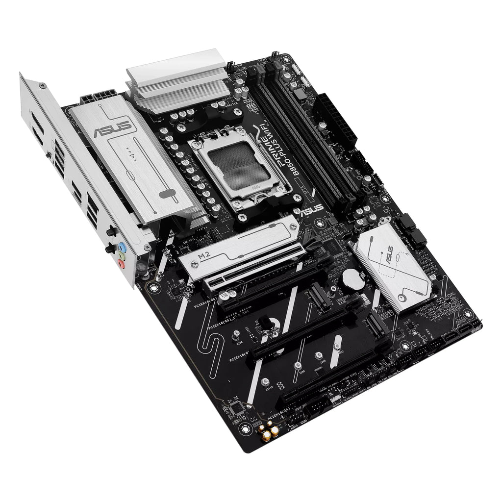 ASUS PRIME B850-PLUS WIFI — vue en perspective à 45 degrés sur fond blanc carré — réf. 90MB1L80-M0EAY0
