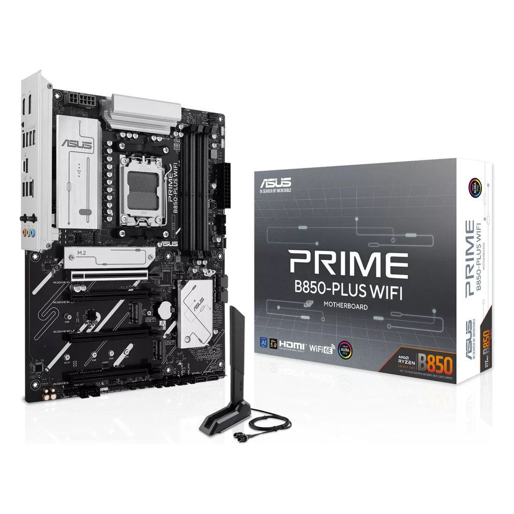 ASUS PRIME B850-PLUS WIFI — vue avec emballage sur fond blanc carré — réf. 90MB1L80-M0EAY0