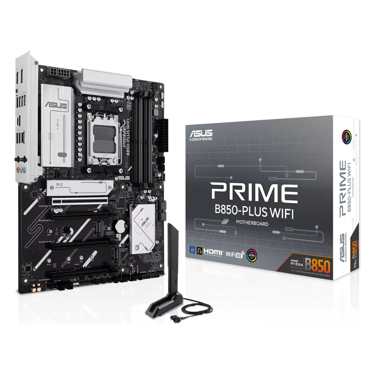ASUS PRIME B850-PLUS WIFI — vue avec emballage sur fond blanc carré — réf. 90MB1L80-M0EAY0