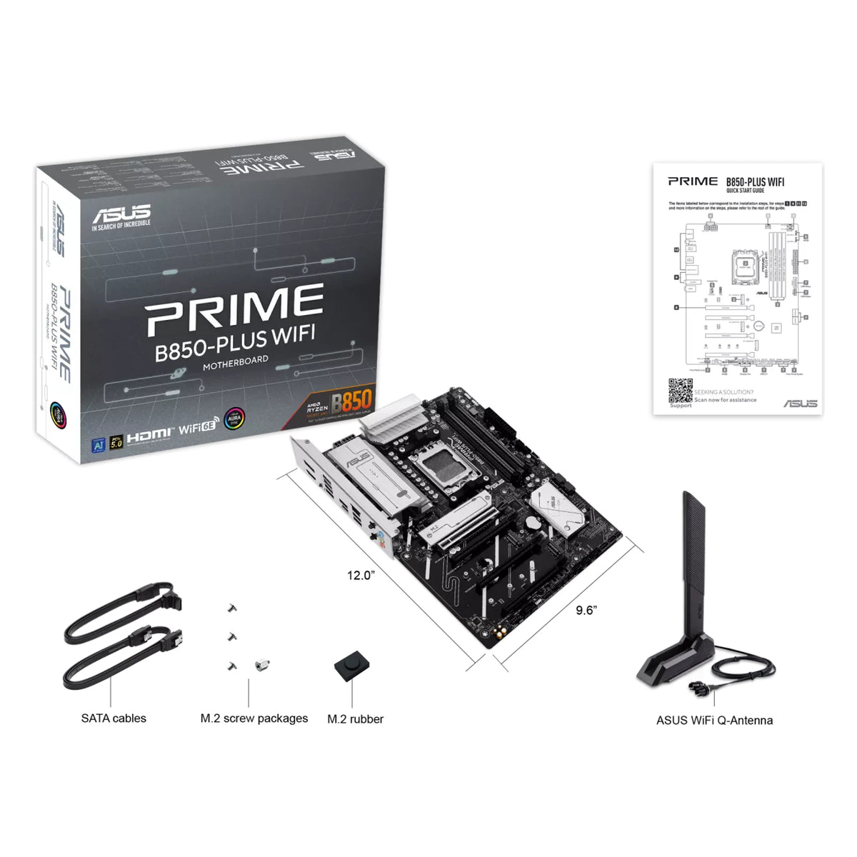 ASUS PRIME B850-PLUS WIFI — contenu de la boîte sur fond blanc carré — réf. 90MB1L80-M0EAY0