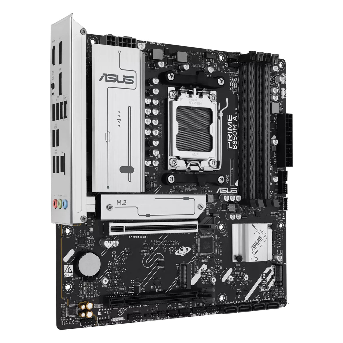 ASUS PRIME B850M-A-CSM — vue de face à 90 degrés sur fond blanc carré — réf. 90MB1LQ0-M0EAYC