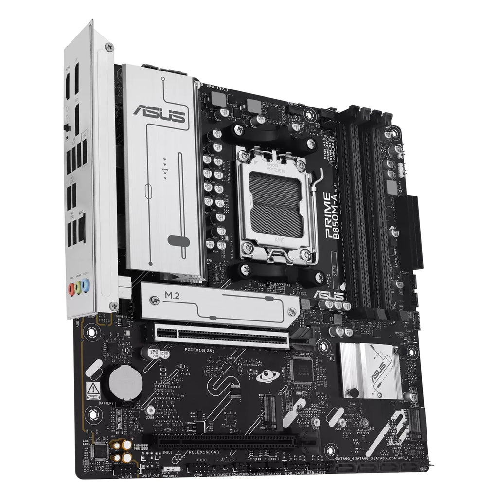 ASUS PRIME B850M-A-CSM — vue en perspective à 60 degrés sur fond blanc carré — réf. 90MB1LQ0-M0EAYC