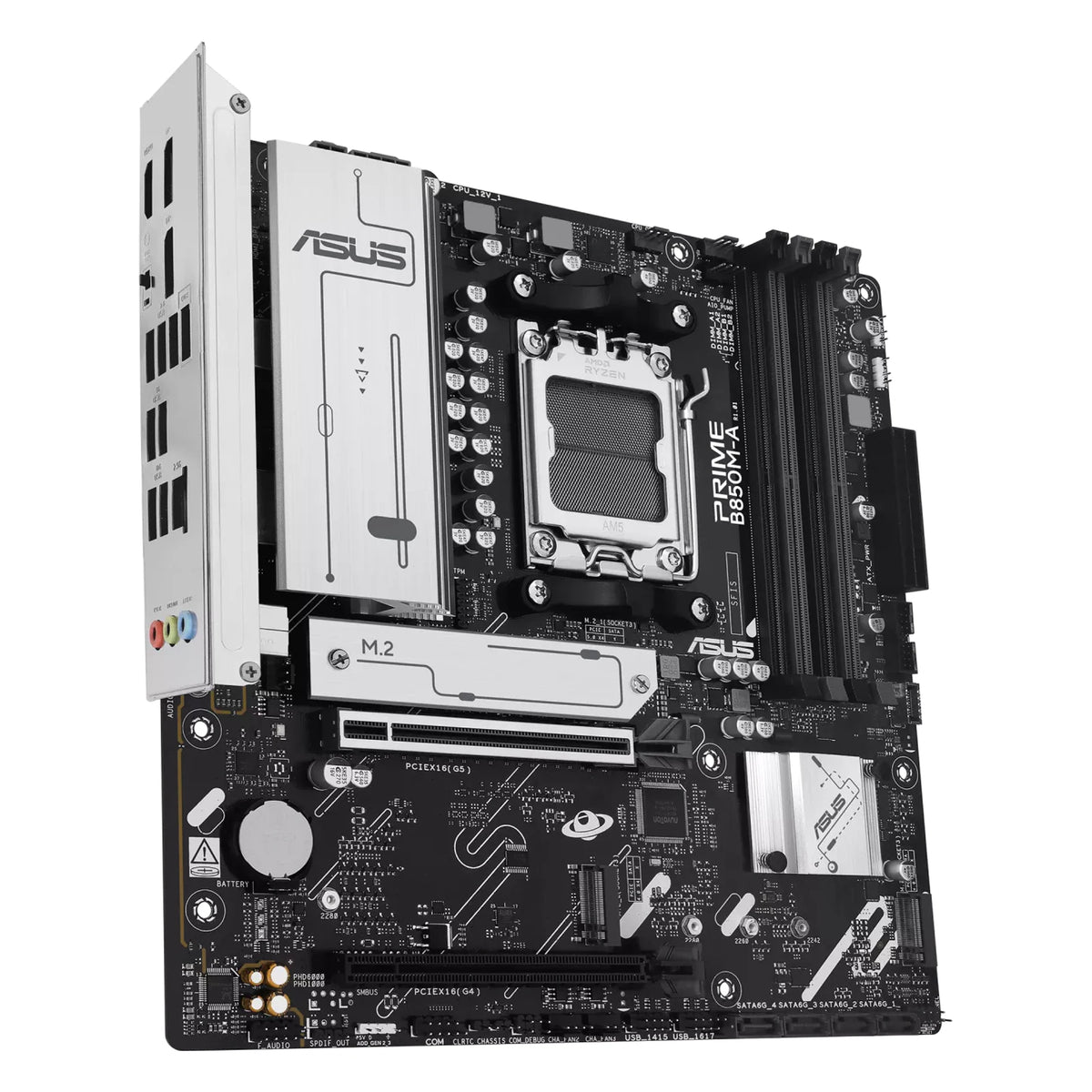 ASUS PRIME B850M-A-CSM — vue en perspective à 60 degrés sur fond blanc carré — réf. 90MB1LQ0-M0EAYC