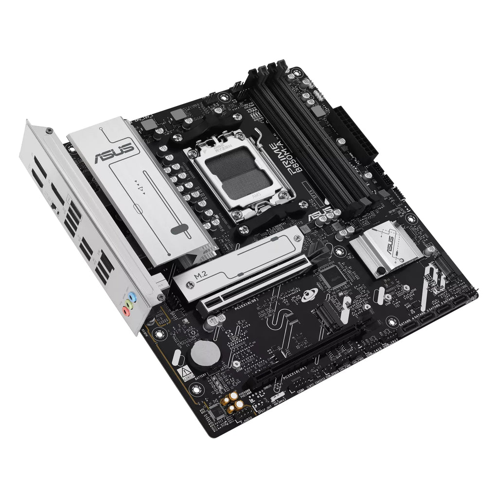 ASUS PRIME B850M-A-CSM — vue en perspective à 45 degrés sur fond blanc carré — réf. 90MB1LQ0-M0EAYC