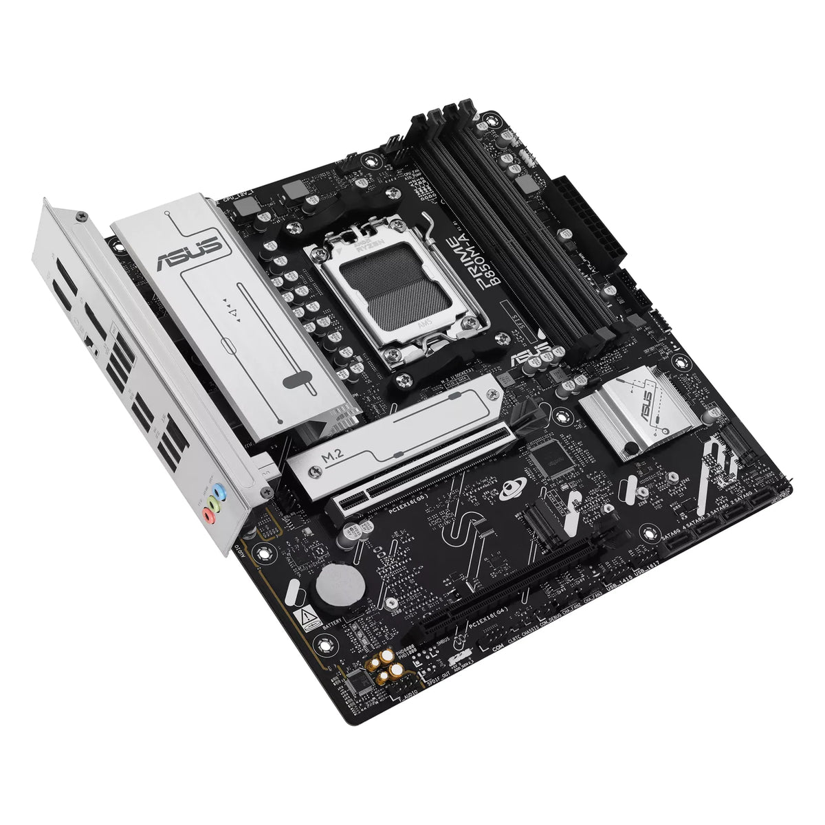ASUS PRIME B850M-A-CSM — vue en perspective à 45 degrés sur fond blanc carré — réf. 90MB1LQ0-M0EAYC