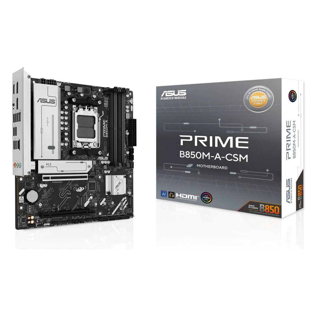 ASUS PRIME B850M-A-CSM — vue avec emballage sur fond blanc carré — réf. 90MB1LQ0-M0EAYC