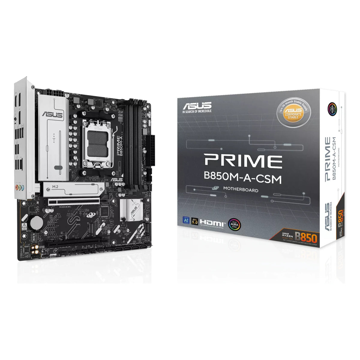 ASUS PRIME B850M-A-CSM — vue avec emballage sur fond blanc carré — réf. 90MB1LQ0-M0EAYC