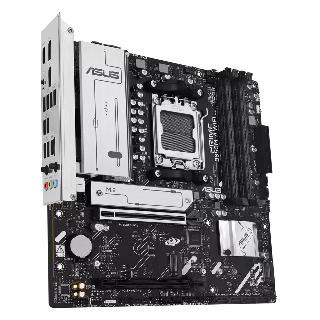 ASUS PRIME B850M-A WIFI — vue en perspective à 60 degrés sur fond blanc carré — réf. 90MB1LN0-M0EAY0