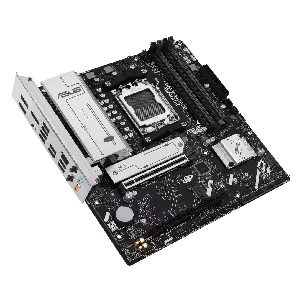 ASUS PRIME B850M-A WIFI — vue en perspective à 45 degrés sur fond blanc carré — réf. 90MB1LN0-M0EAY0