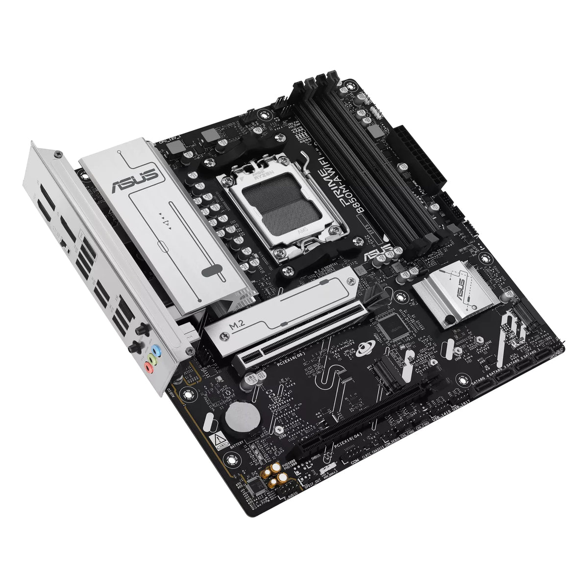 ASUS PRIME B850M-A WIFI — vue en perspective à 45 degrés sur fond blanc carré — réf. 90MB1LN0-M0EAY0