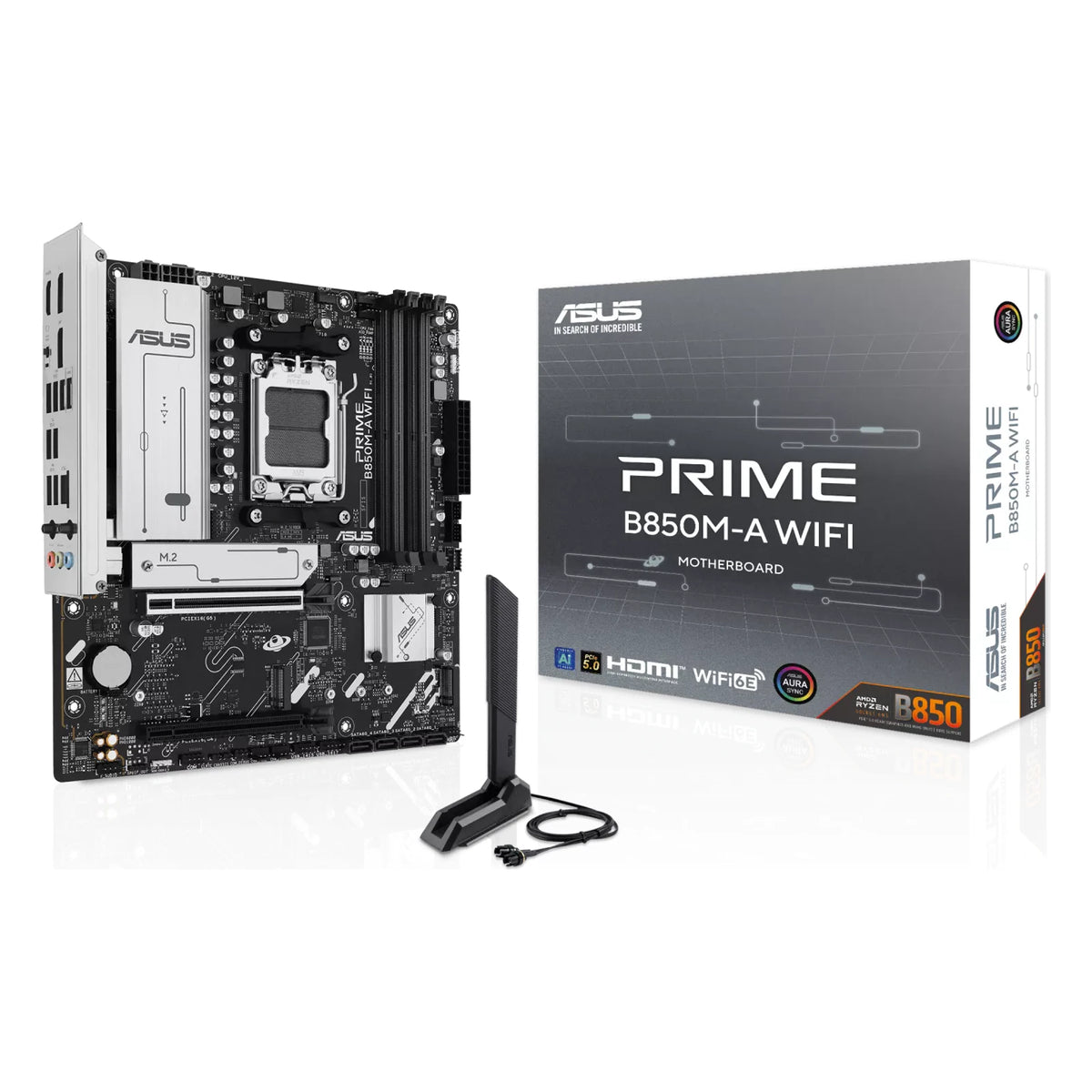 ASUS PRIME B850M-A WIFI — vue avec emballage sur fond blanc carré — réf. 90MB1LN0-M0EAY0