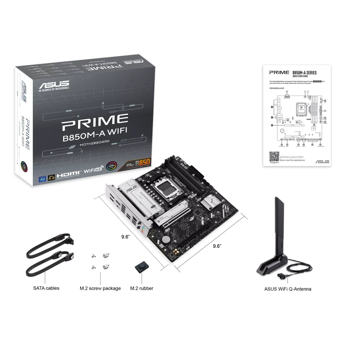 ASUS PRIME B850M-A WIFI — contenu de la boîte sur fond blanc carré — réf. 90MB1LN0-M0EAY0