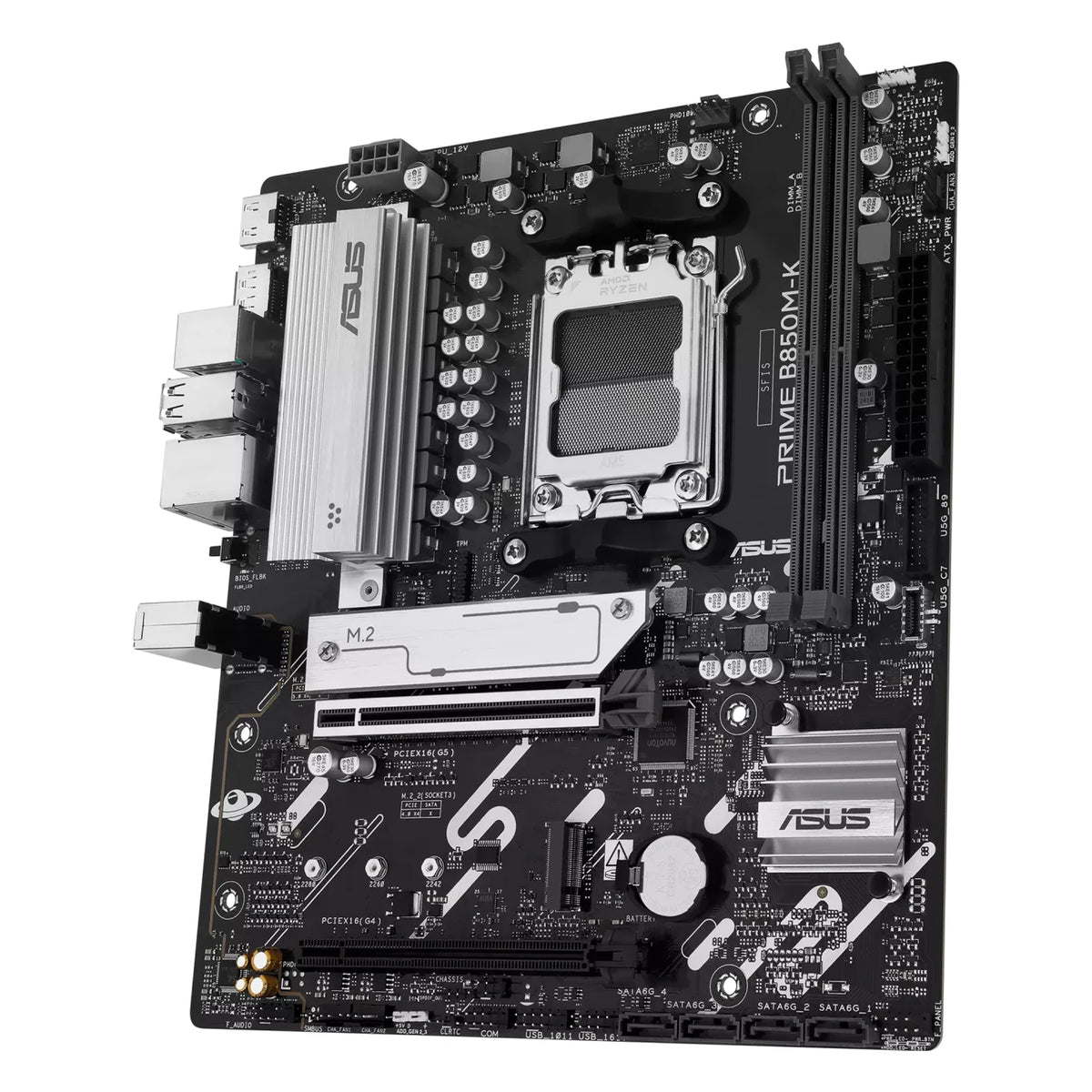 ASUS PRIME B850M-K — vue en perspective à 60 degrés sur fond blanc carré — réf. 90MB1LV0-M0EAY0