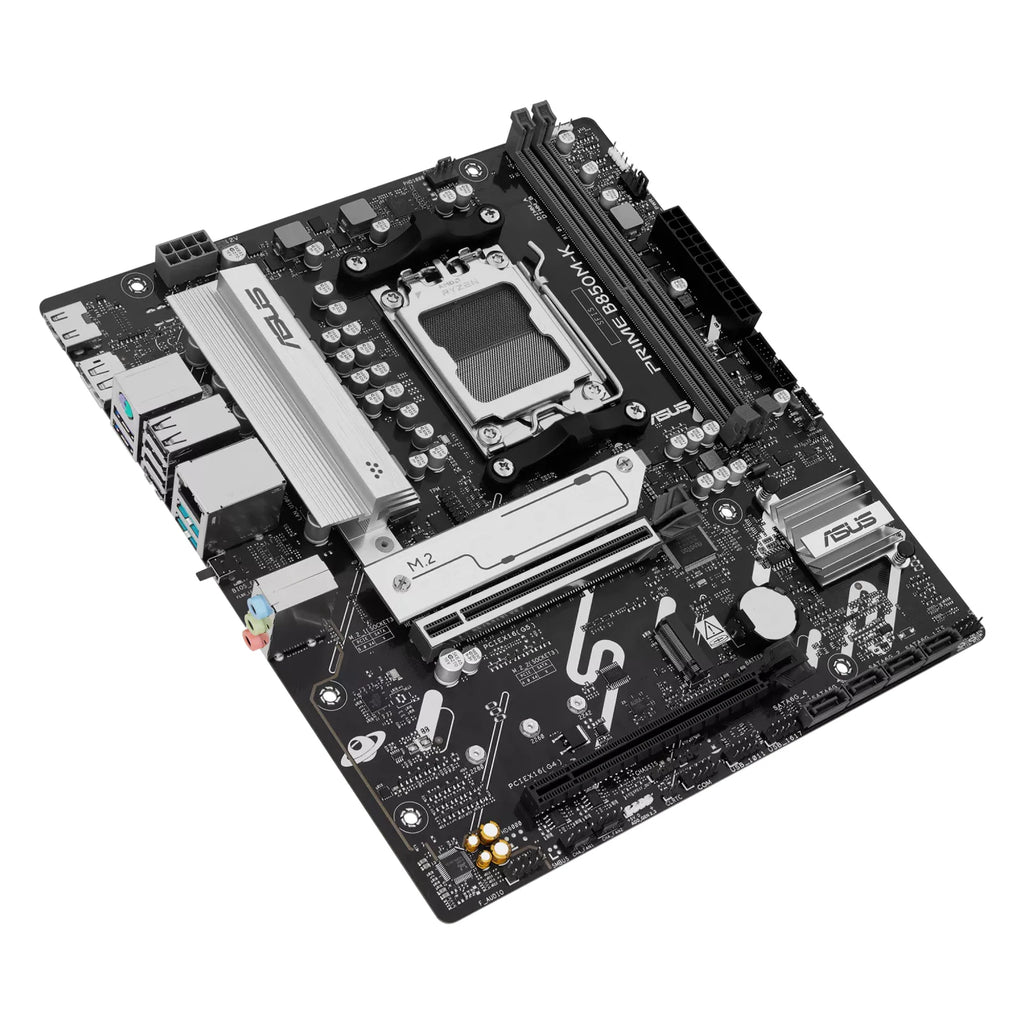 ASUS PRIME B850M-K — vue en perspective à 45 degrés sur fond blanc carré — réf. 90MB1LV0-M0EAY0