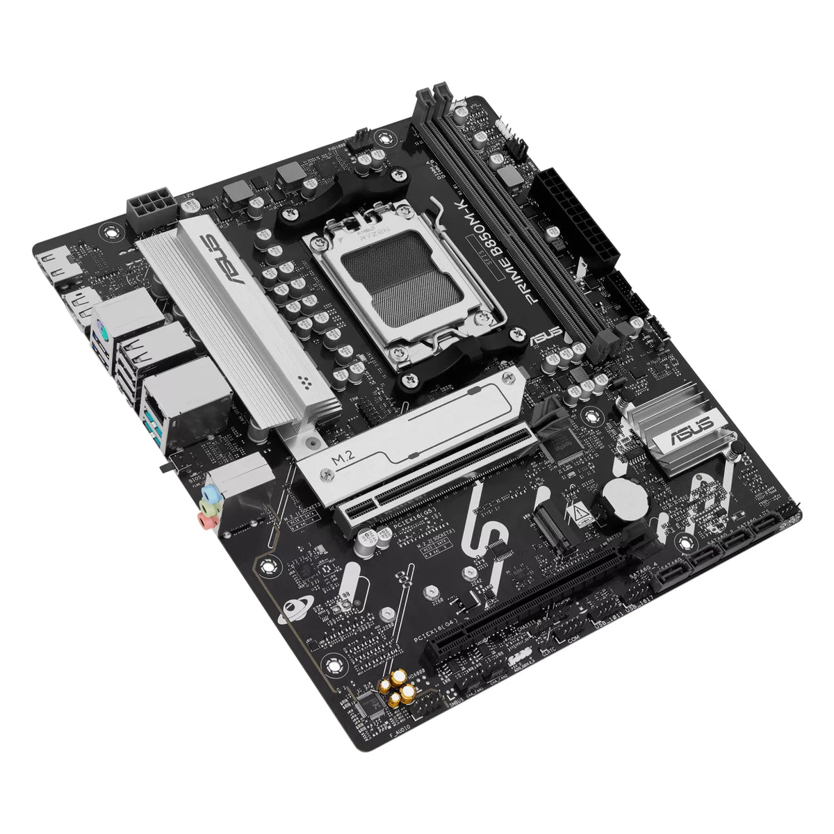 ASUS PRIME B850M-K — vue en perspective à 45 degrés sur fond blanc carré — réf. 90MB1LV0-M0EAY0