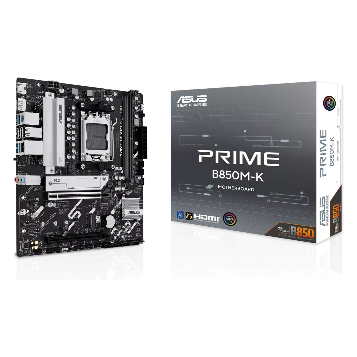 ASUS PRIME B850M-K — vue avec emballage sur fond blanc carré — réf. 90MB1LV0-M0EAY0