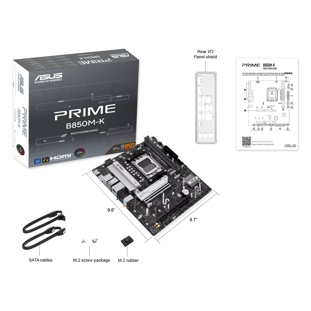ASUS PRIME B850M-K — contenu de la boîte sur fond blanc carré — réf. 90MB1LV0-M0EAY0