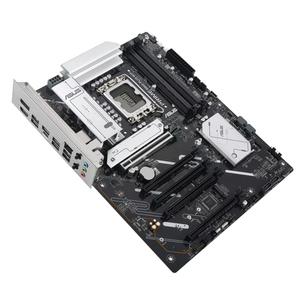 ASUS PRIME B860-PLUS WIFI — vue en perspective à 60 degrés sur fond blanc carré — réf. 90MB1K50-M0EAY0