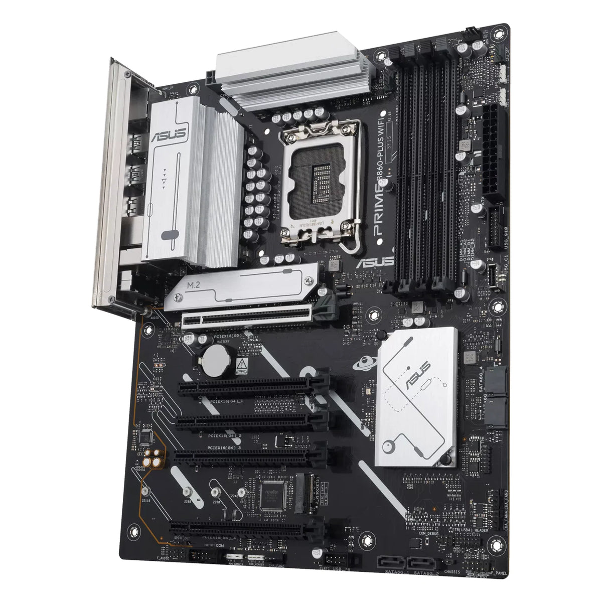 ASUS PRIME B860-PLUS WIFI — vue en perspective à 45 degrés sur fond blanc carré — réf. 90MB1K50-M0EAY0