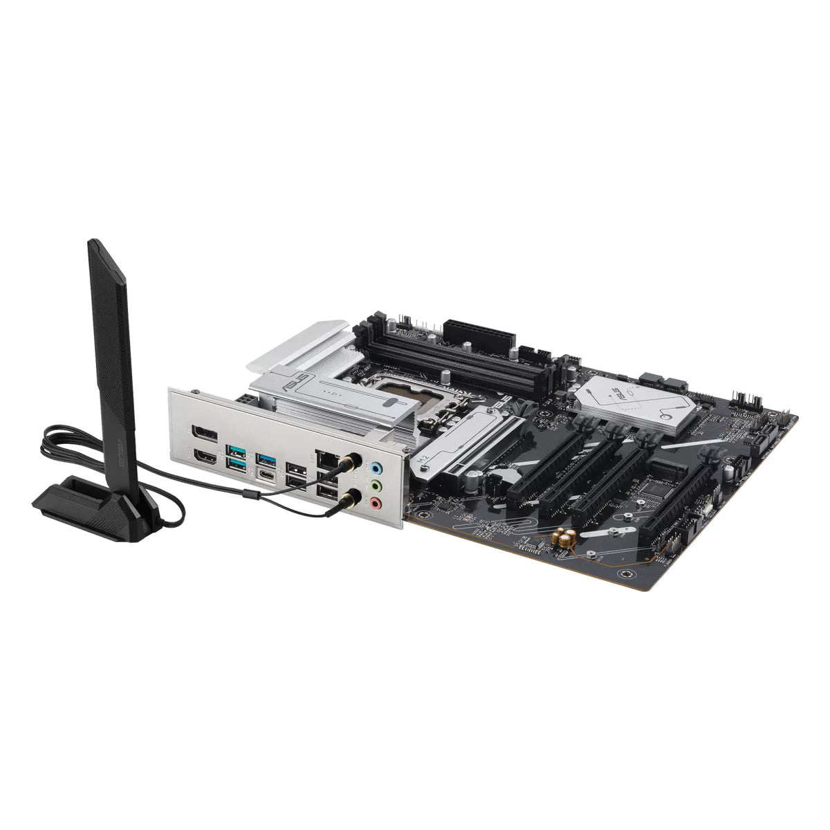 ASUS PRIME B860-PLUS WIFI — vue avec antenne Wi-Fi sur fond blanc carré — réf. 90MB1K50-M0EAY0